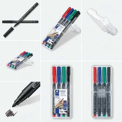 A 3x2 matrix showing key angles of the STAEDTLER Lumocolor permanent marker set, including a clear close-up of the dry-safe tip.