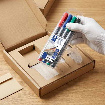 A close-up photograph showing the Staedtler Lumocolor marker set being carefully unpacked from protective packaging on a wooden desk.