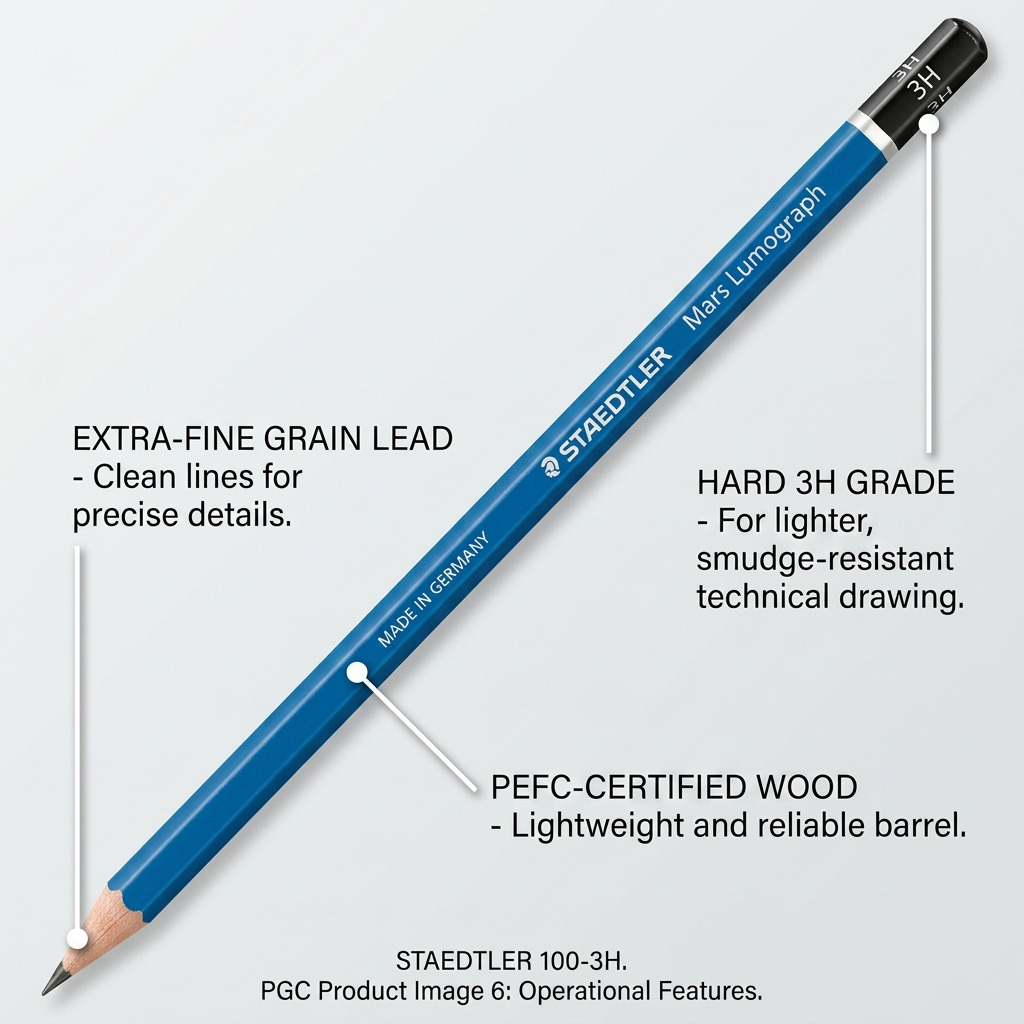 Feature callout image for STAEDTLER Mars Lumograph 3H, detailing point, body, and hard grade benefits.