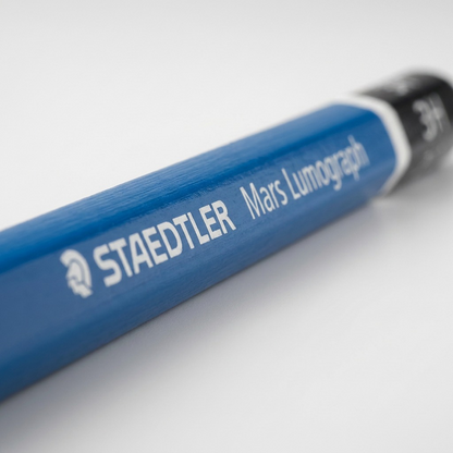 A macro photograph of the STAEDTLER Mars Lumograph 3H pencil's barrel showing detailed printing.