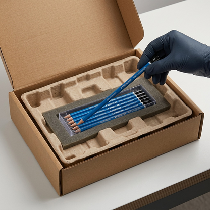 A photograph of the STAEDTLER Mars Lumograph 3H pencil nestled in protective molded pulp and a sturdy shipping box.