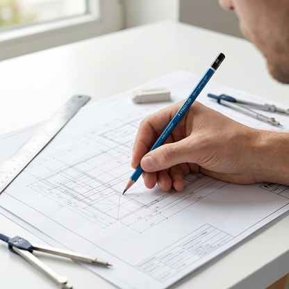 A lifestyle image featuring the STAEDTLER Mars Lumograph 3H pencil on a blueprint.