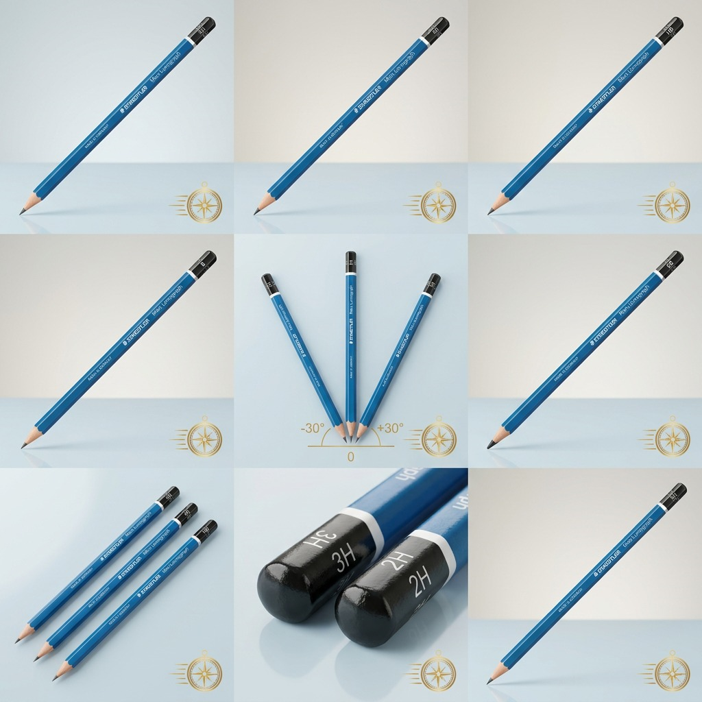 A 3x3 grid showing nine Staedtler Mars Lumograph pencils, each with different visual hardness grade markings on the end-cap, illustrating a portion of the complete hardness scale from 6B to 4H.