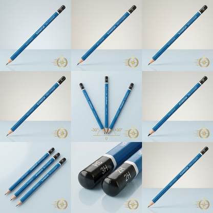A 3x3 grid showing nine Staedtler Mars Lumograph pencils, each with different visual hardness grade markings on the end-cap, illustrating a portion of the complete hardness scale from 6B to 4H.