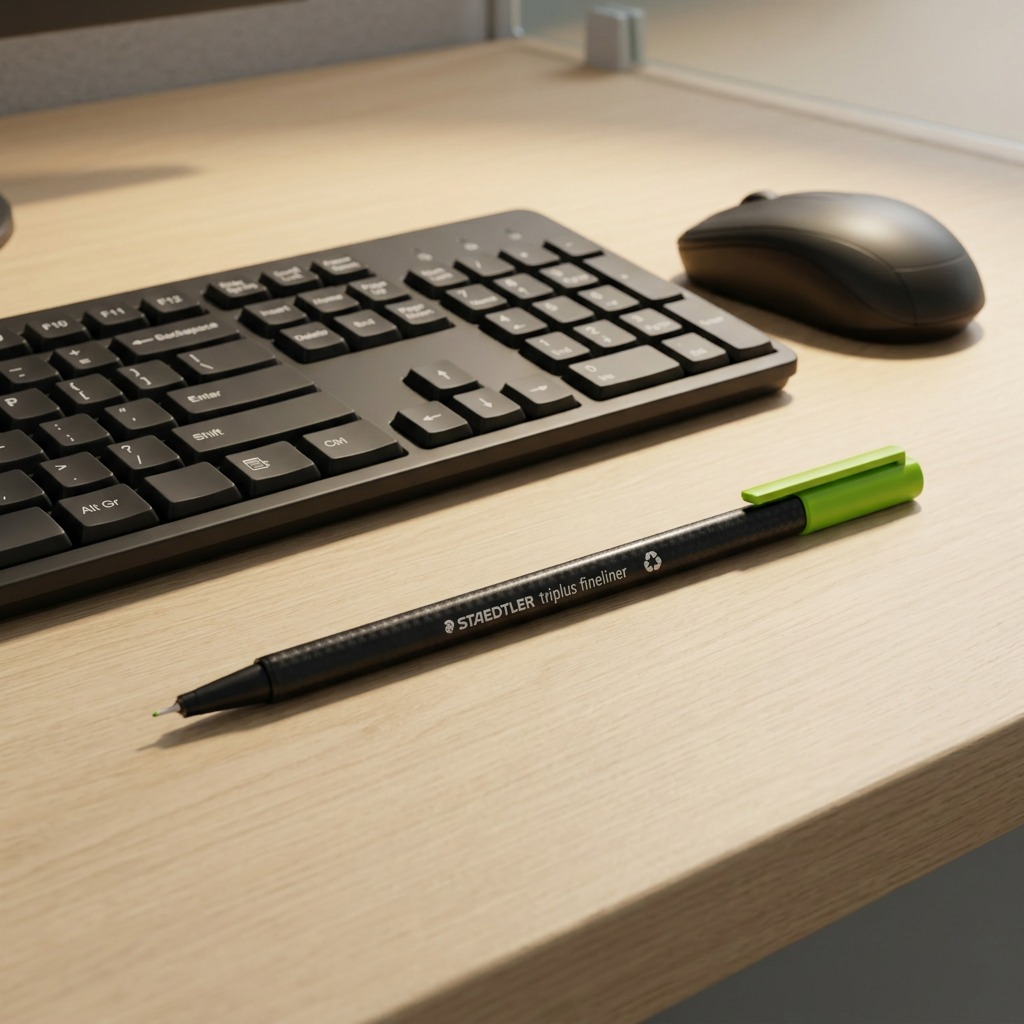 A photo of the STAEDTLER triplus fineliner pen from image_0.png in an office setting. The pen is positioned horizontally on a desk, next to a black computer mouse and the edge of a keyboard, providing a clear scale reference. The clean composition highlights the product's true size in a relatable context. No extra text or logos are added to the image.