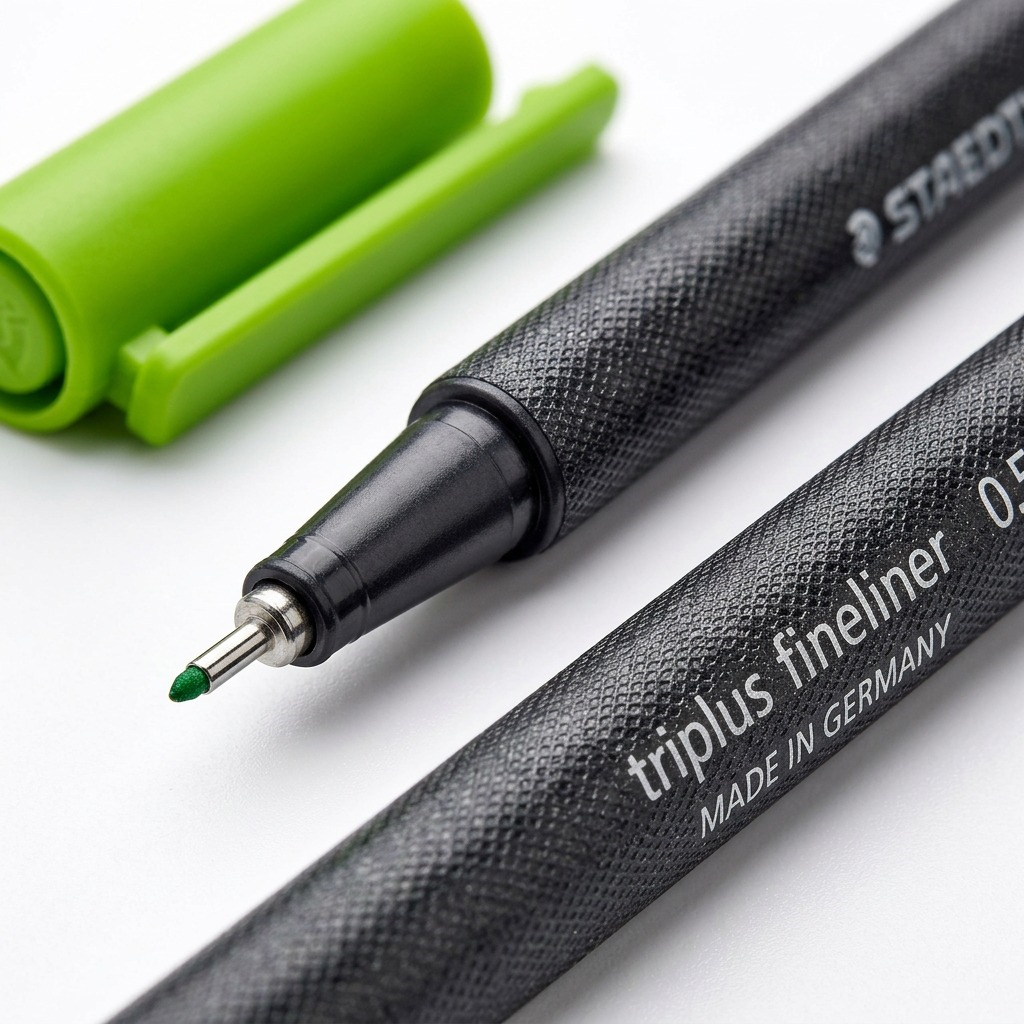 Extreme macro photo showing the detailed mesh texture of the STAEDTLER triplus fineliner barrel and a sharp focus on the fine 0.5mm tip.
