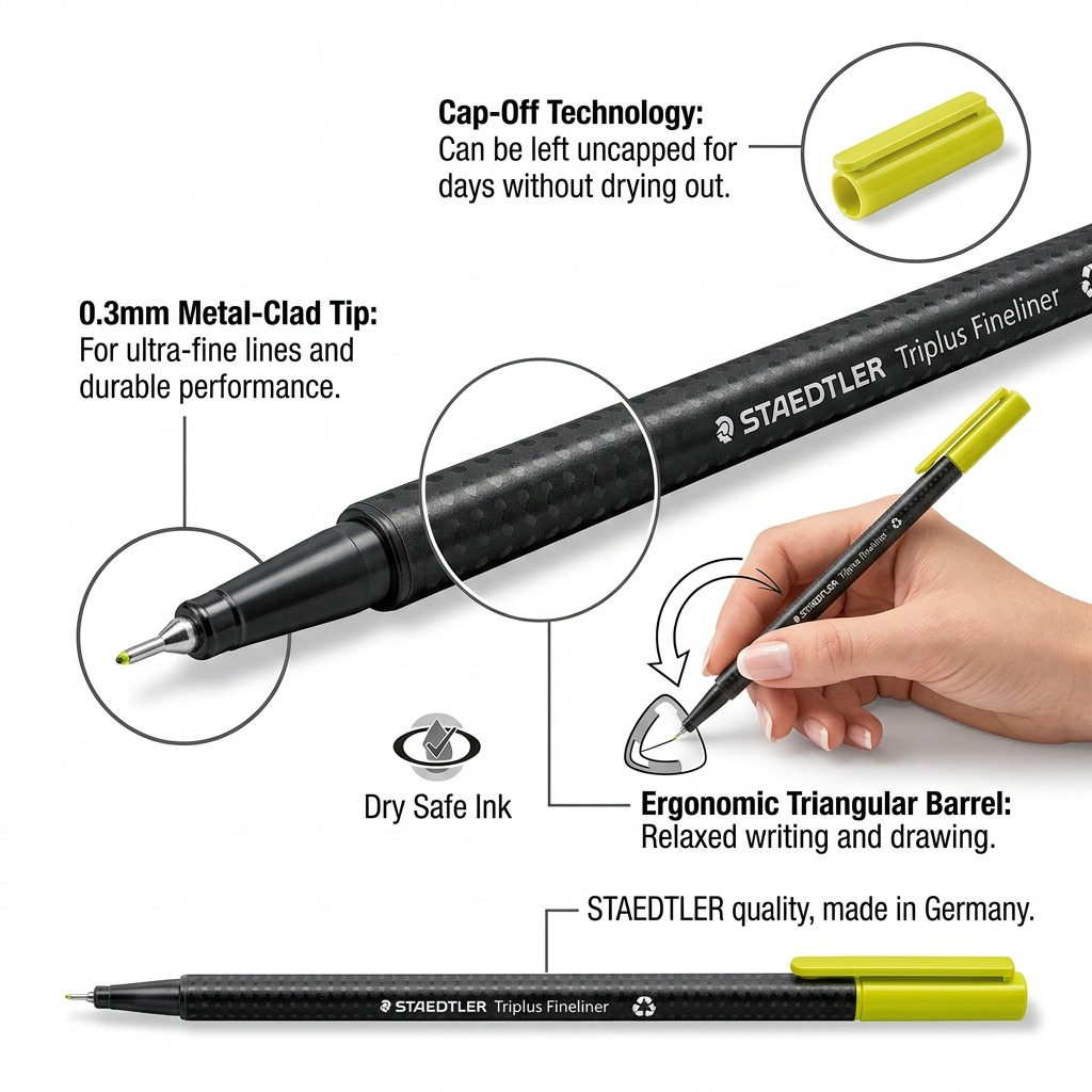 An e-commerce graphic highlights the Staedtler Triplus Fineliner's ergonomic triangular barrel and fine tip for a comfortable, precise writing and drawing experience, set against a clean white background.