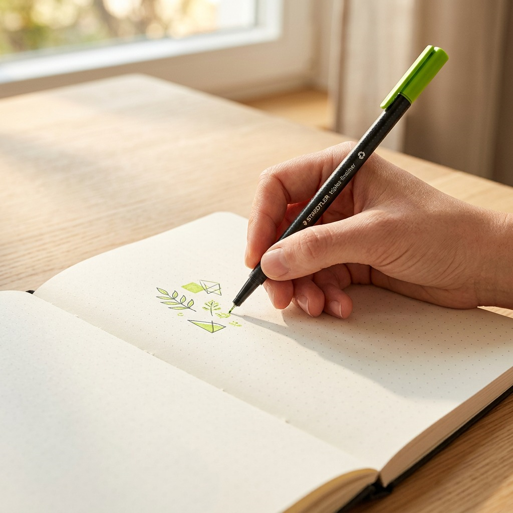Lifestyle shot of a black body, lime green cap STAEDTLER triplus fineliner pen from image_0.png in use for bullet journaling on textured paper.