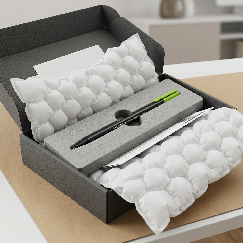 Premium e-commerce photo of a light green STAEDTLER triplus fineliner, fresh in a foam insert within a textured delivery box, reducing shipping anxiety.