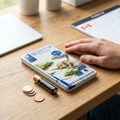 STAEDTLER pencil tin on desk next to a battery, pennies, and a hand for scale, with Canada desk decor.