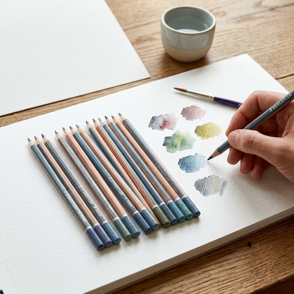 A close-up photograph of 12 unsharpened STAEDTLER tinted watercolor pencils arranged in a neutral ceramic holder, with a few pencils resting on a mixed-media sketchbook page showing a partially water-blended landscape sketch, next to a water bath and a brush. Natural light.