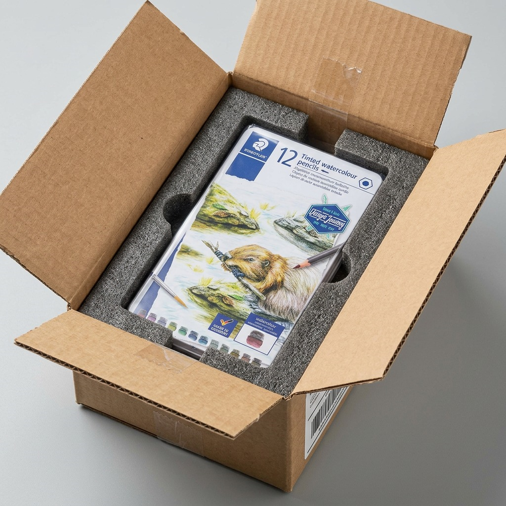 Photo of an open shipping box with foam inserts protecting an undisturbed Staedtler 12 tinted watercolour pencil tin.