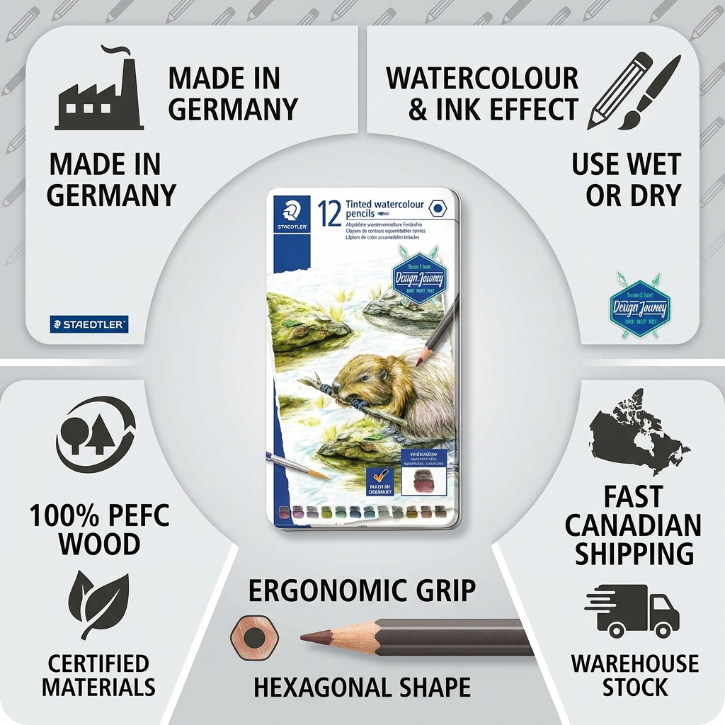 An infographic for STAEDTLER Tinted Watercolour Pencils (14610T-M12), with icons and text highlighting features like "Made in Germany," "Watercolour Effect," "Hexagonal Grip," "12 Rich Colours," "Artist Quality," and "Fast Canadian Shipping."