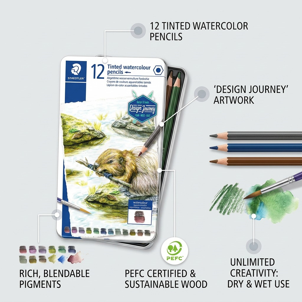 An ecommerce graphic featuring the STAEDTLER Tinted Watercolor Pencil set. Short text and pointer lines call out features: '12 TINTED WATERCOLOR PENCILS,' 'DESIGN JOURNEY Beaver Art,' 'AQUAARELLABLE,' and 'PEFC CERTIFIED WOOD.'