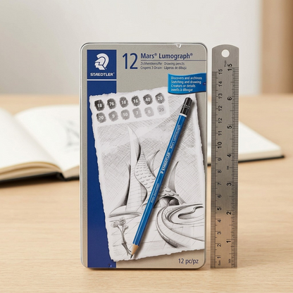 A STAEDTLER Mars Lumograph 12-pencil tin is shown beside an 8-inch metal ruler for size reference.