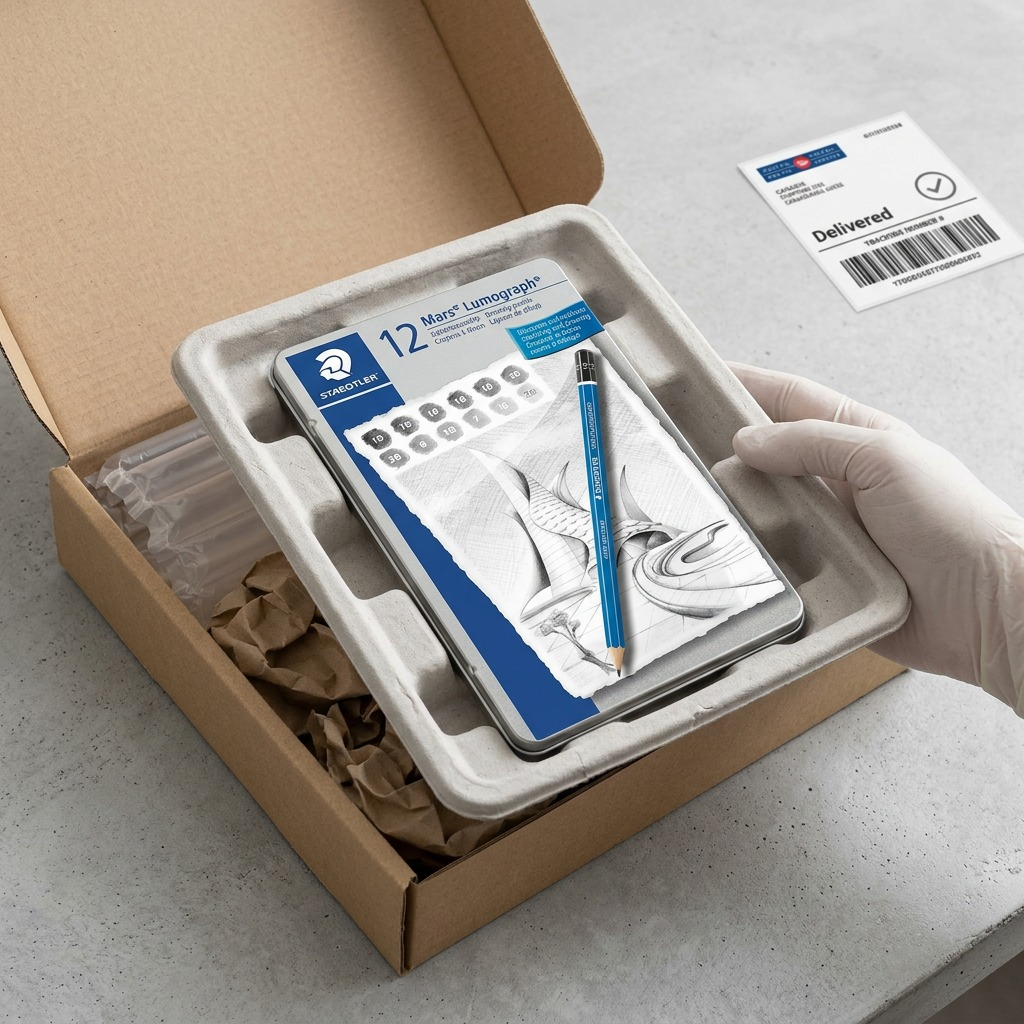A premium unboxing scene: the STAEDTLER pencil tin is held within form-fitting protective packaging.