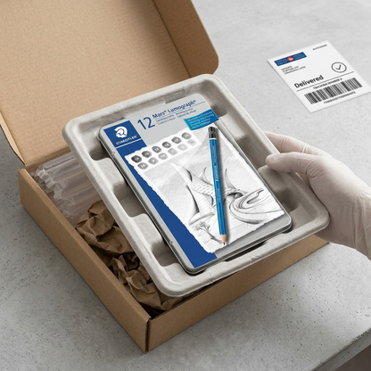 A premium unboxing scene: the STAEDTLER pencil tin is held within form-fitting protective packaging.
