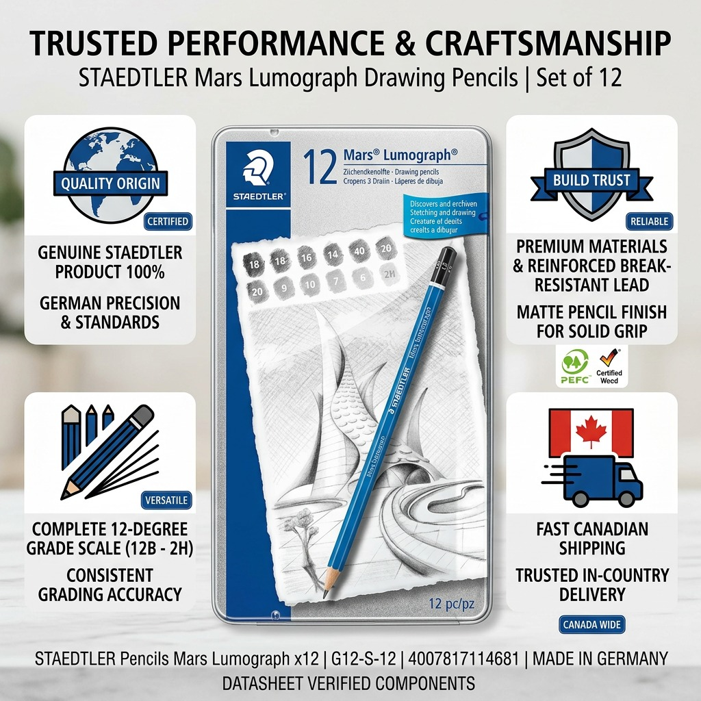 Trust and authority graphic for STAEDTLER Mars Lumograph pcncils, highlighting origin, composition, and fast Canadian shipping.
