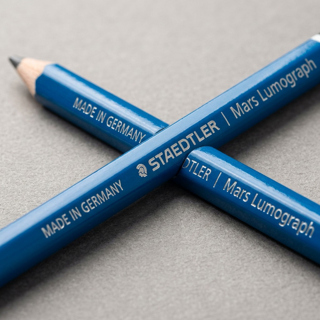 Macro shot of Staedtler Mars Lumograph pencil, detailing silver embossing and glossy blue finish.