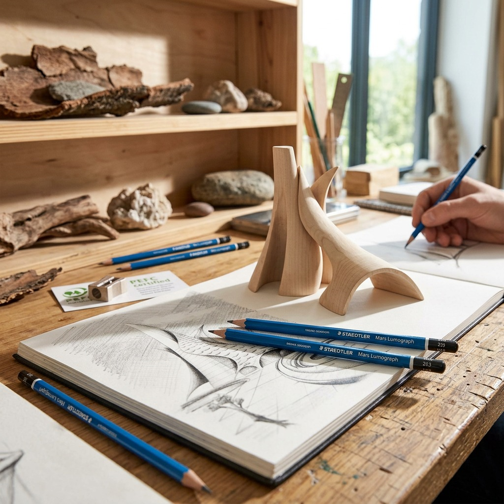 A close-up shot of architectural pencil drawings, graphite stick, and pencils in an art studio.