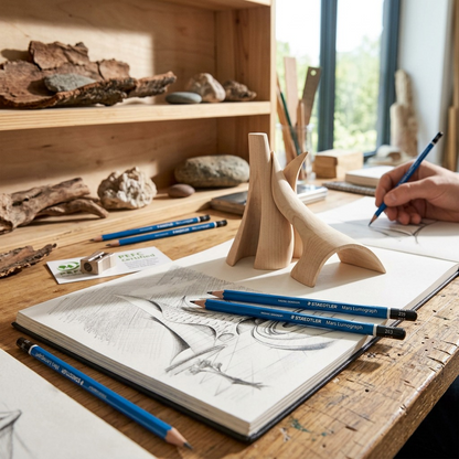 A close-up shot of architectural pencil drawings, graphite stick, and pencils in an art studio.