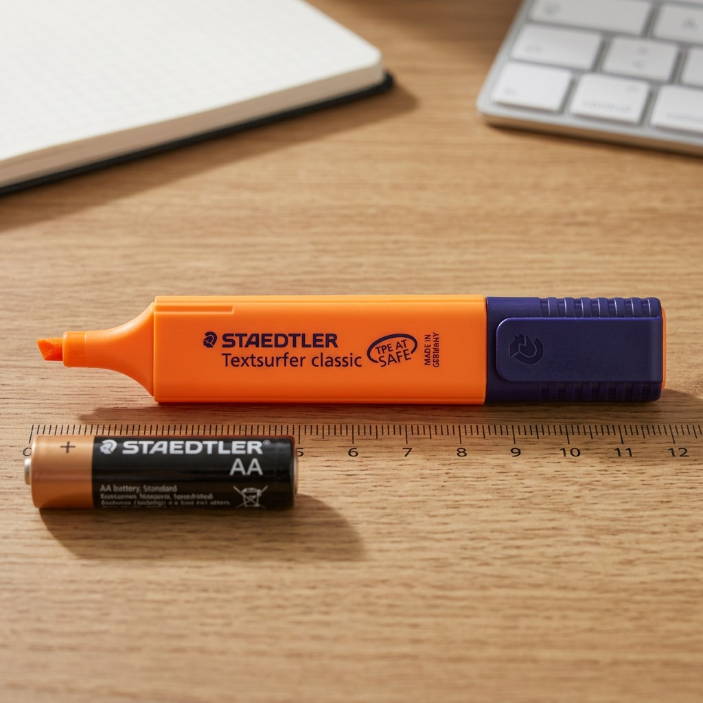 A STAEDTLER orange highlighter is shown next to an ink pen and a hand for scale reference on a desk.