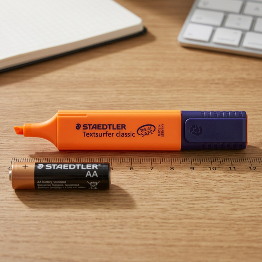 A STAEDTLER orange highlighter is shown next to an ink pen and a hand for scale reference on a desk.