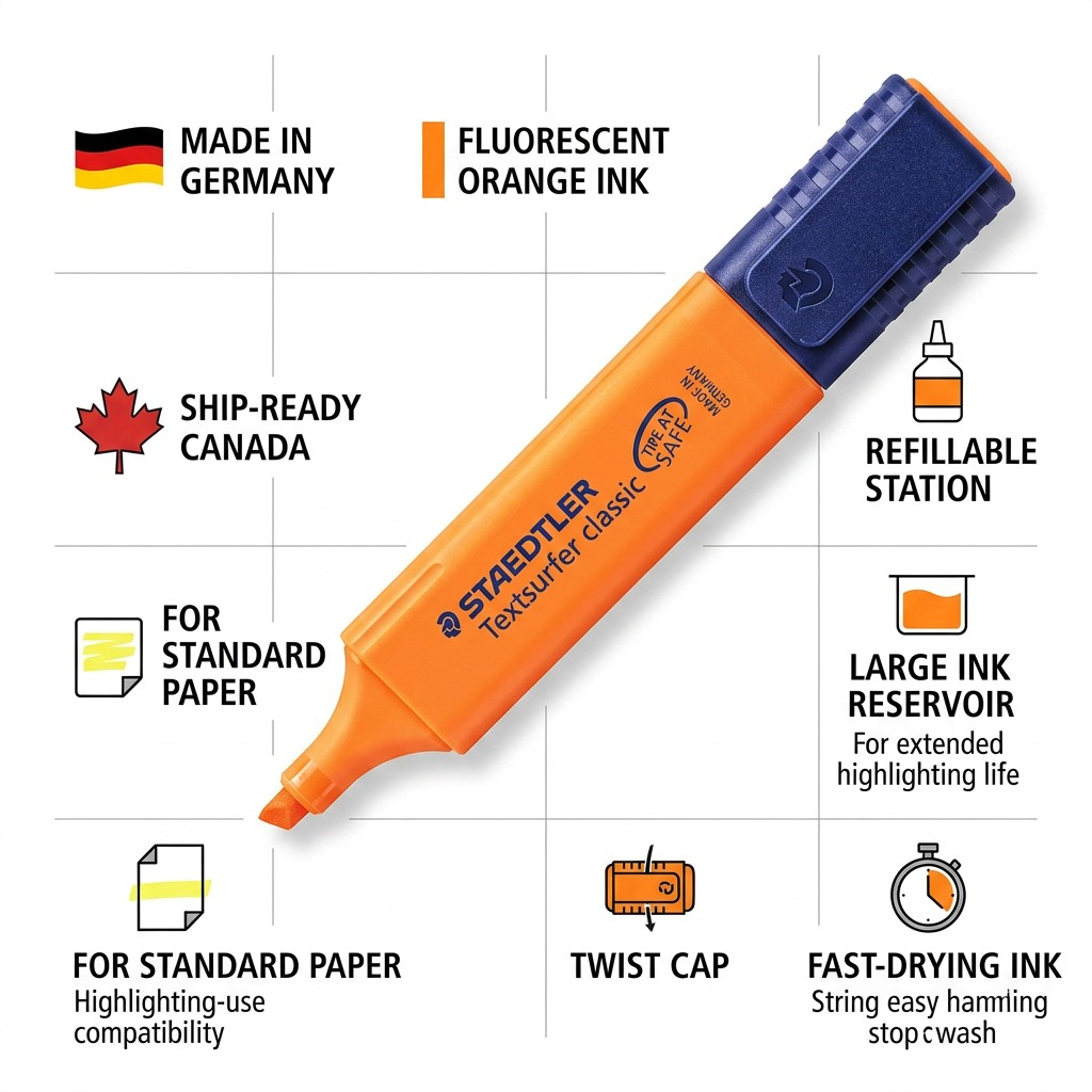 PDP confidence matrix for STAEDTLER orange highlighter featuring product specifications and Canadian shipping.