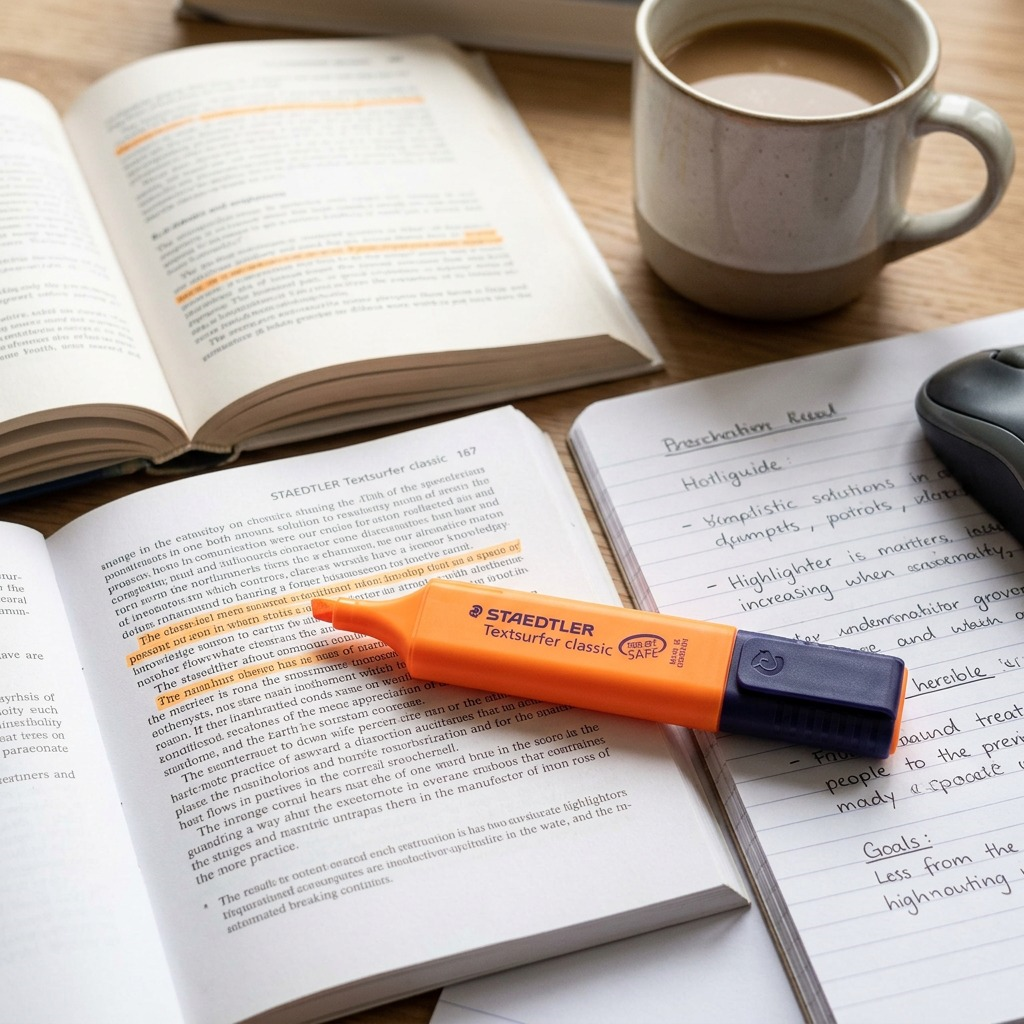A vibrant STAEDTLER Textsurfer (orange) on an open textbook highlighting text, on a wooden desk.
