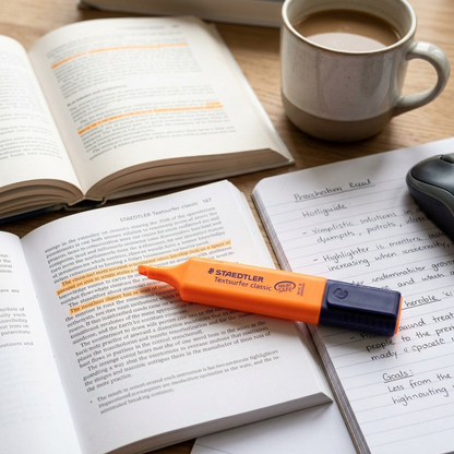 A vibrant STAEDTLER Textsurfer (orange) on an open textbook highlighting text, on a wooden desk.