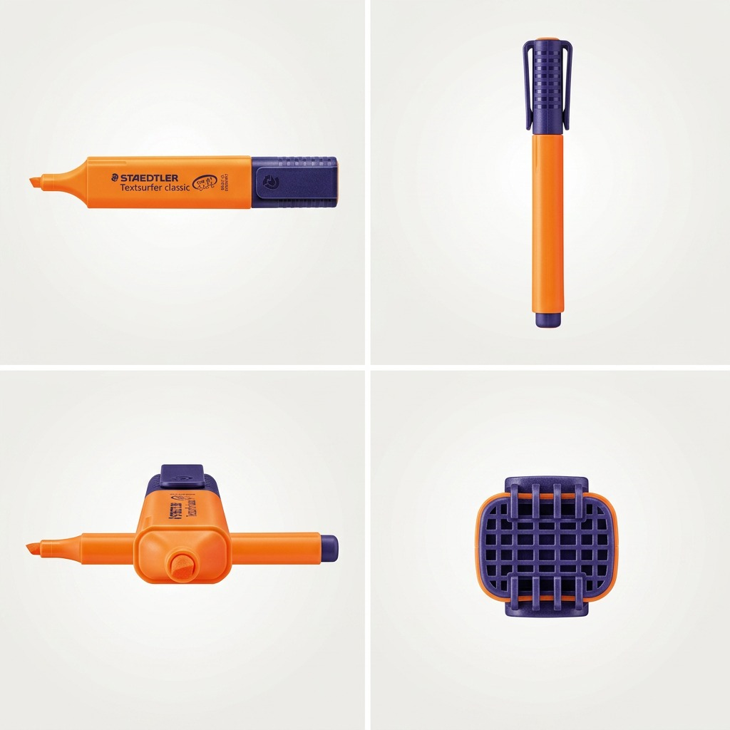 Product variant matrix for the Staedtler Textsurfer classic fluorescent orange highlighter, featuring four distinct, clearly identifiable views to showcase the product line accurately: (1) The flat side view with full branding, (2) the capped side view showing the non-branding side, (3) a top-down view showing the tip orientation, and (4) an end-cap view detailing the cap clips and color.