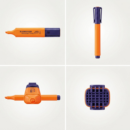 Product variant matrix for the Staedtler Textsurfer classic fluorescent orange highlighter, featuring four distinct, clearly identifiable views to showcase the product line accurately: (1) The flat side view with full branding, (2) the capped side view showing the non-branding side, (3) a top-down view showing the tip orientation, and (4) an end-cap view detailing the cap clips and color.