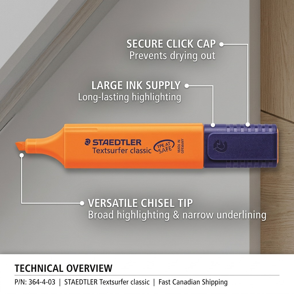 Feature callout image for STAEDTLER orange highlighter, detailing key technical benefits.