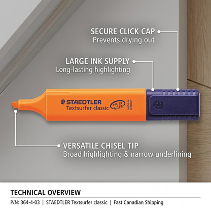Feature callout image for STAEDTLER orange highlighter, detailing key technical benefits.