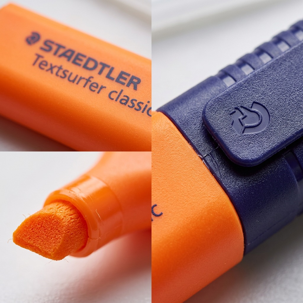 Extreme close-up macro photograph of the STAEDTLER Textsurfer classic orange highlighter's textured ink reservoir print and complex cap detail.