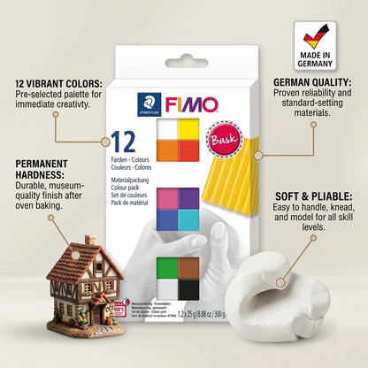 Fimo Soft Basic feature graphic: 12 colors, soft texture, permanent hardness after baking, German quality.
