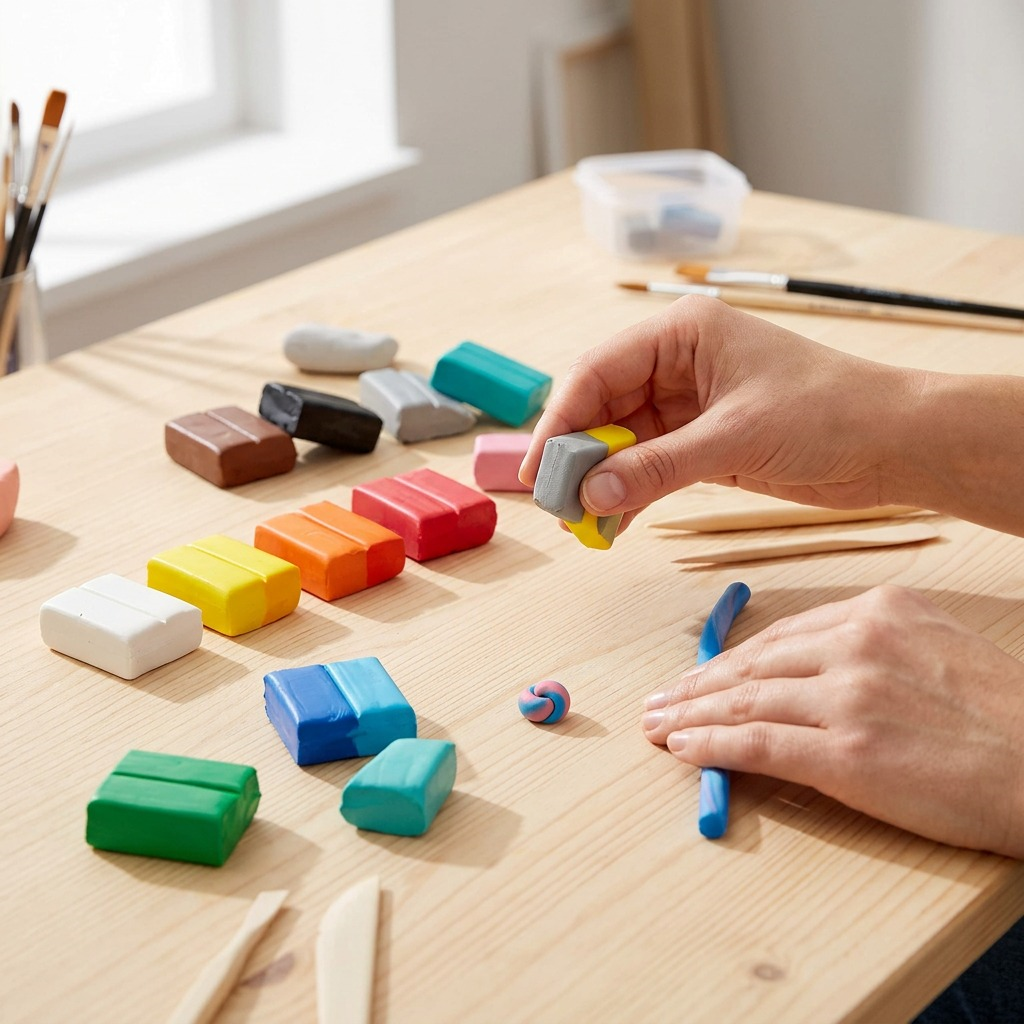 Lifestyle photo showing hands kneading a small, multi-colored Fimo clay blend on a simple wooden craft surface.