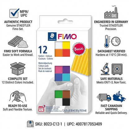 Confidence infographic for STAEDTLER Fimo Soft Basic Colors 12 Set, featuring icons, text, and fast Canadian shipping.