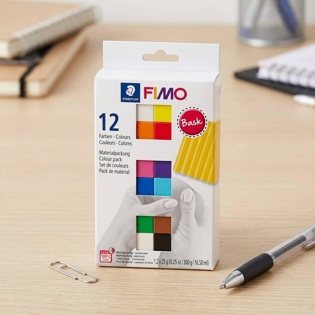 A close-up photograph of the specific Fimo Soft Basic Colors 12-pack, adhering to image_0.png's visual details like the square layout of colorful blocks and text elements, is placed on a light-colored wooden table. Beside it and slightly behind it, a standard metal paperclip and a ballpoint pen are positioned for a clear scale reference, showing the packaging to be compact. All elements are in sharp focus under soft, neutral light.