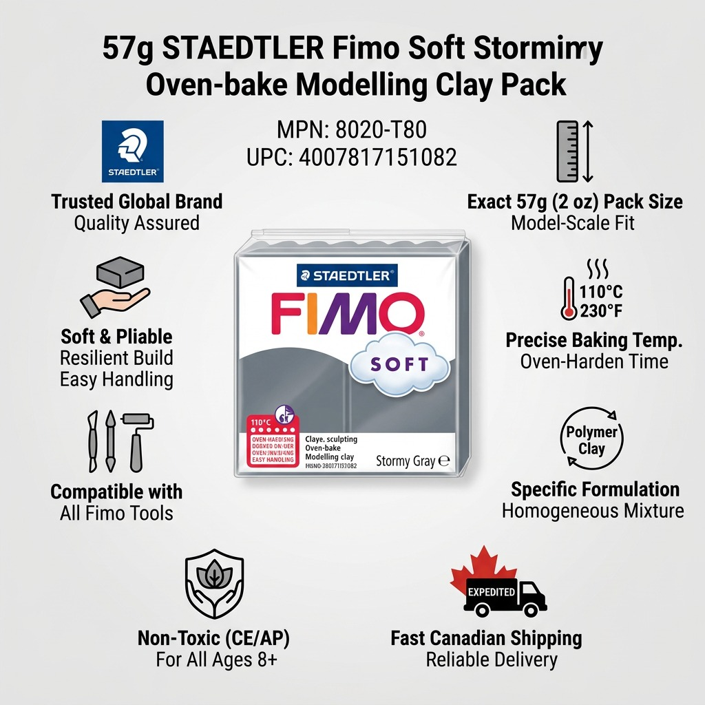 An accurate infographic featuring the STAEDTLER Fimo Soft Stormy Gray 57g clay pack, highlighting product details and fast Canadian shipping.