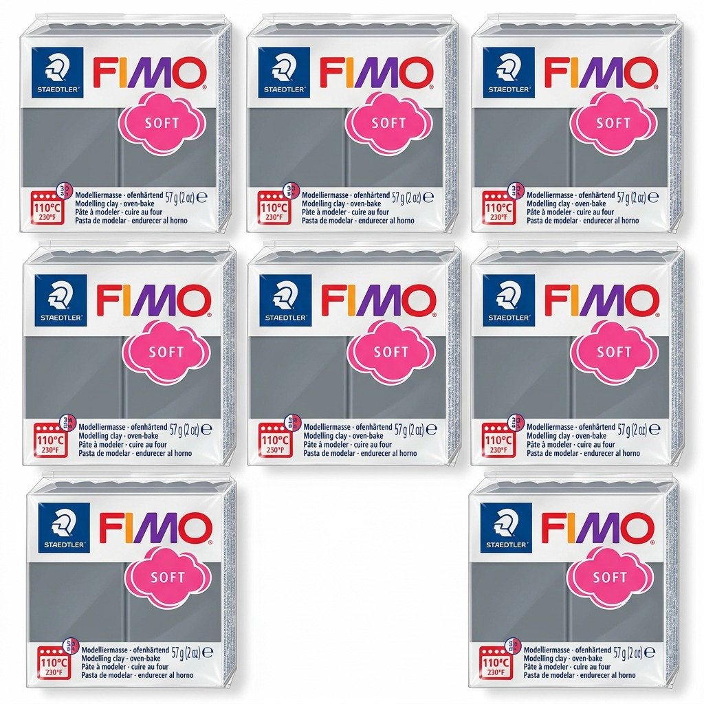 A variant grid photo showing five identical packs of grey Fimo Soft clay.