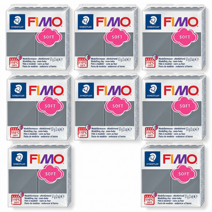 A variant grid photo showing five identical packs of grey Fimo Soft clay.