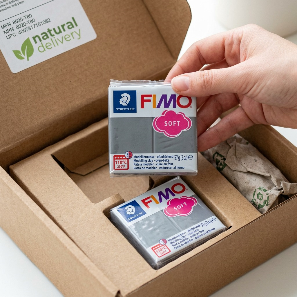 A stacked pair of grey FIMO Soft modelling clay packages, safely nestled within a small, protective shipping box.