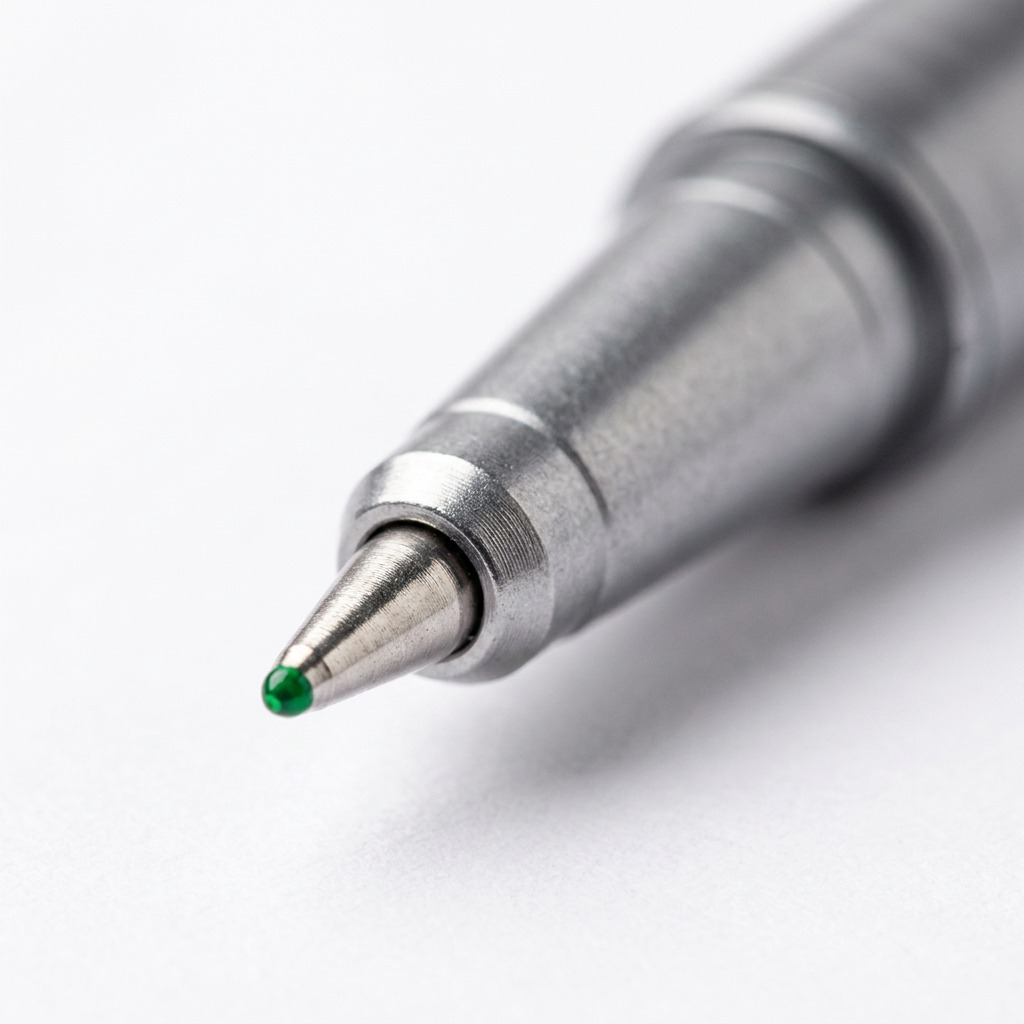 Macro shot of the green STAEDTLER triplus finseliner point showing the precise 0.3mm metal writing tip.