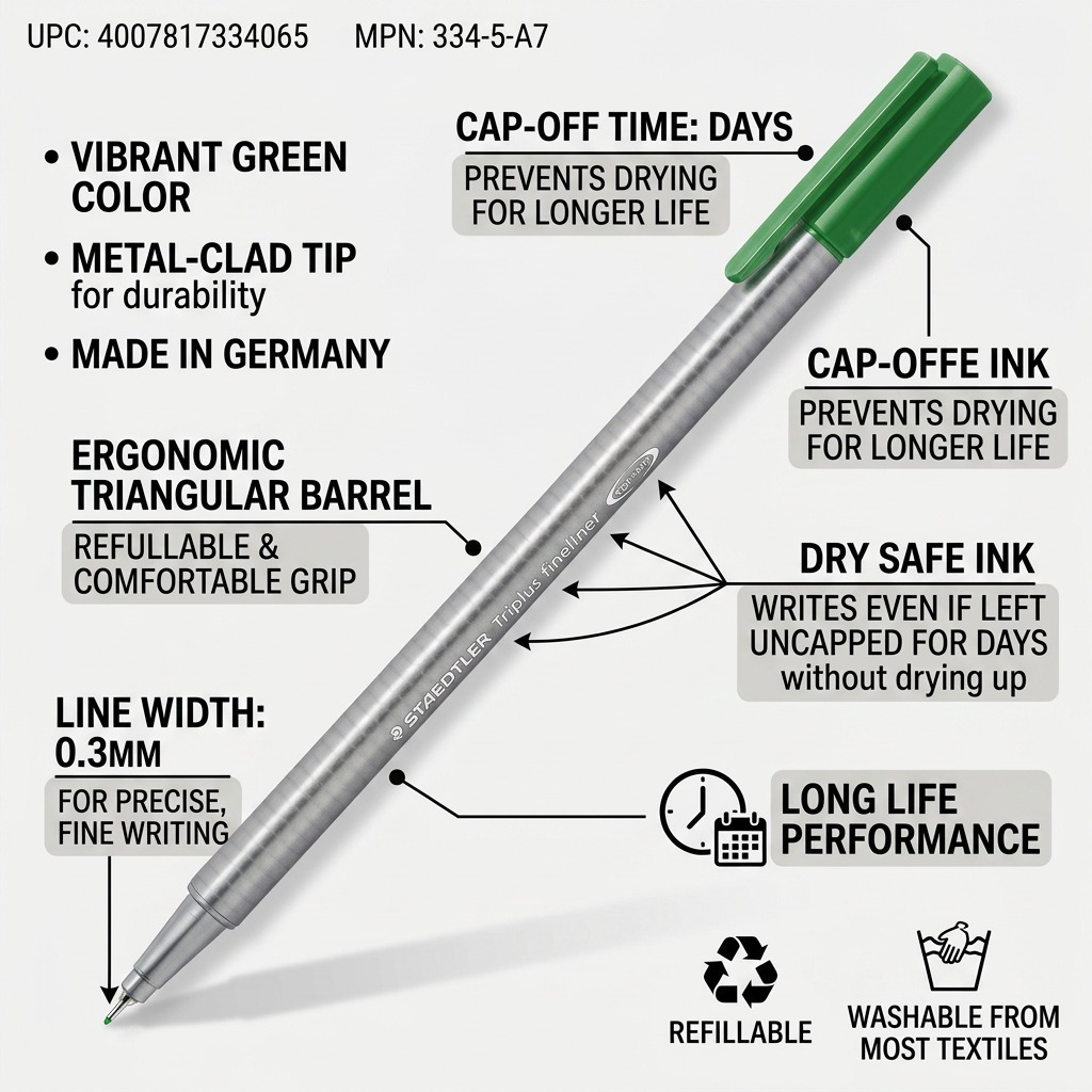 Operational feature graphic of the STAEDTLER Triplus 0.3mm fineliner, highlighting key product and operational details.
