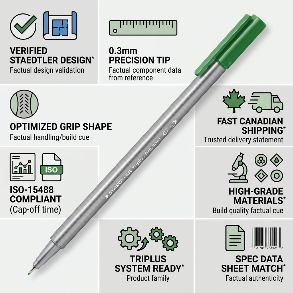 A neutral e-commerce infographic showing the Staedtler Triplus fineliner, green ink, with icons validating its build quality, precision tip, ergonomic shape, fast Canadian shipping, and product-data-backed technical specs.