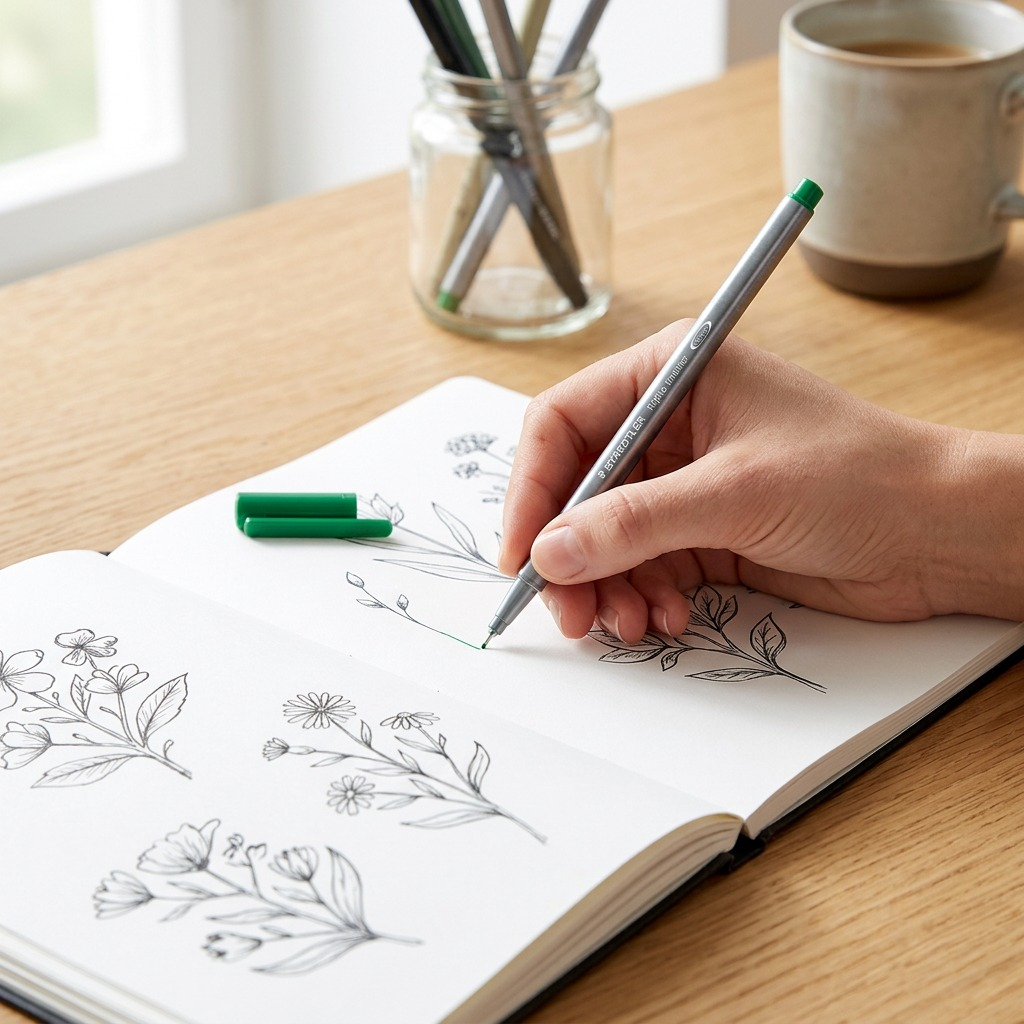 A close-up image showing a hand holding and sketching with the Staedtler Triplus fineliner in an open sketchbook.