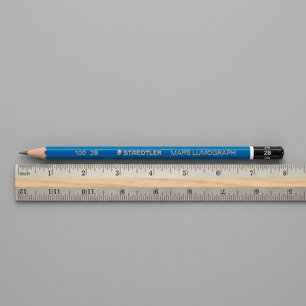 A Staedtler Mars Lumograph 2B pencil is shown lying horizontally, and parallel to, a standard 12-inch ruler for precise size reference on a clean work surface.