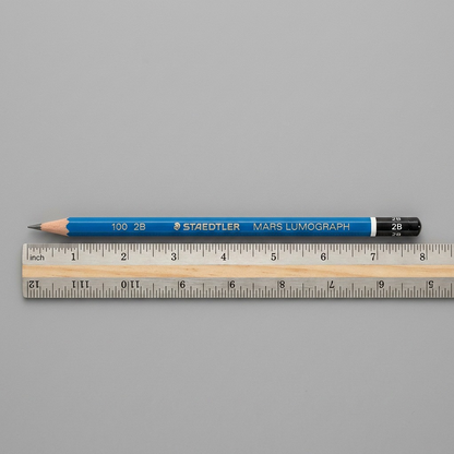 A Staedtler Mars Lumograph 2B pencil is shown lying horizontally, and parallel to, a standard 12-inch ruler for precise size reference on a clean work surface.