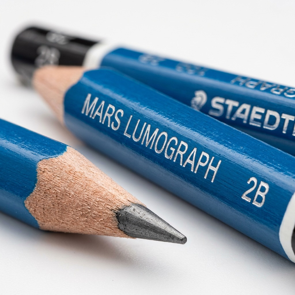Extreme close-up of STAEDTLER Mars Lumograph 2B pencil point and crisp silver imprinted branding.